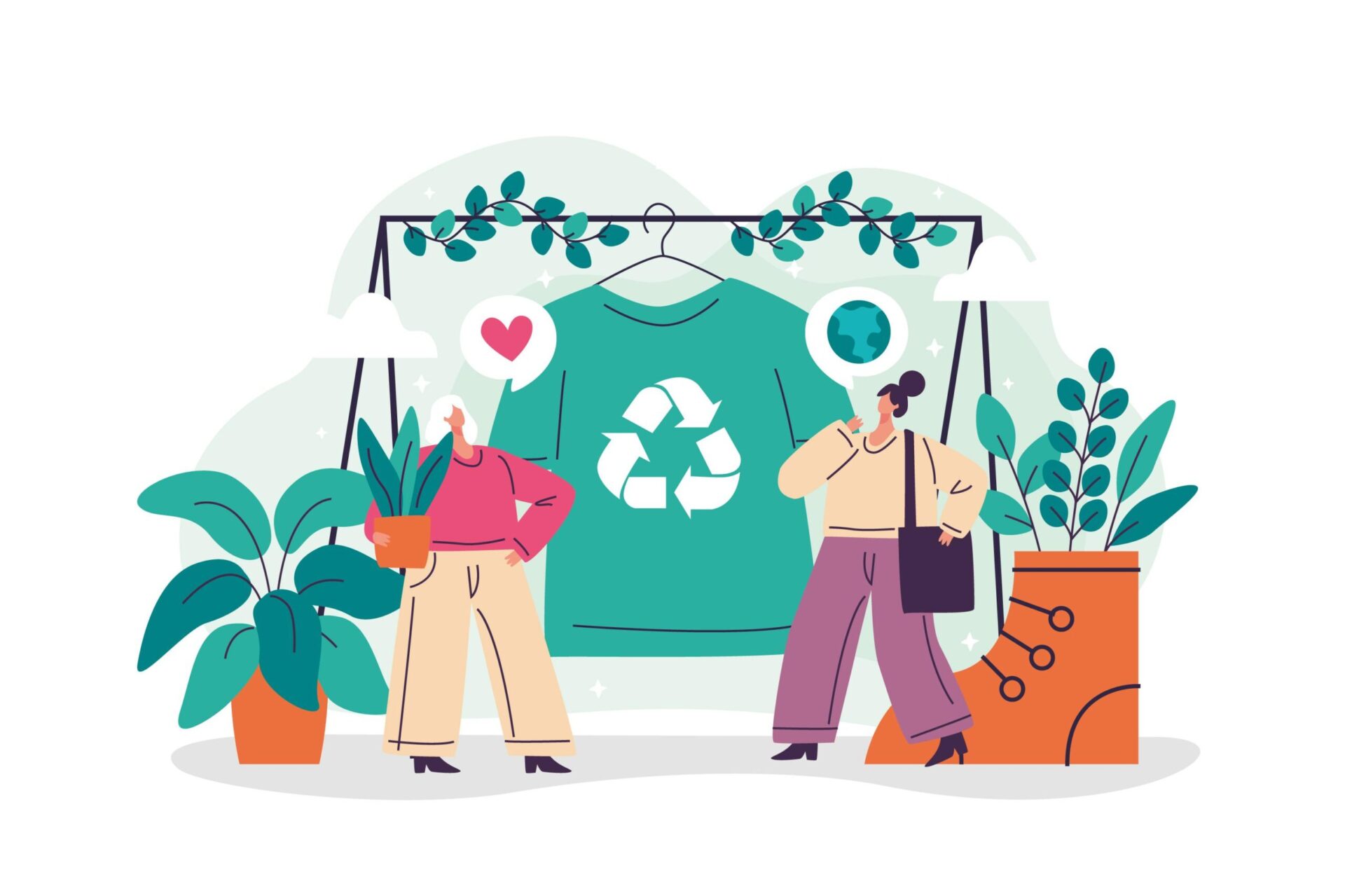 Illustration of two women at a clothing shop with bubbles over their heads indicating thining about the environment while they shop.