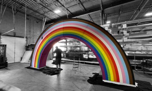 Large rainbow display made of fabric